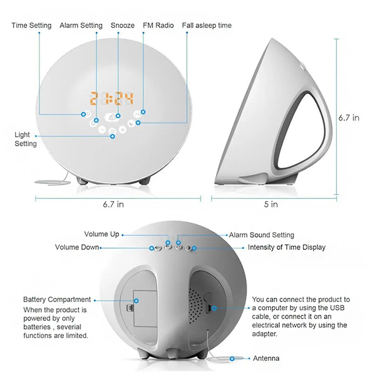 

LED Light Digital Alarm Clock Wake Up Light Alarm USB Interface Digital Clock FM radio Sounds Function 7 Colors Light
