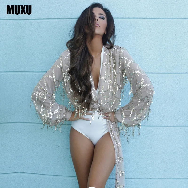 Женский топ с золотыми пайетками MUXU блестящая модная одежда бахромой прозрачный