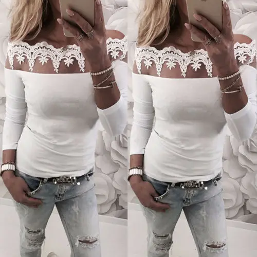 

Women Sexy Floral Lace Cold Shoulder Blouse 2018 New Long Sleeve Slim Blouse Top Shirt S-XL