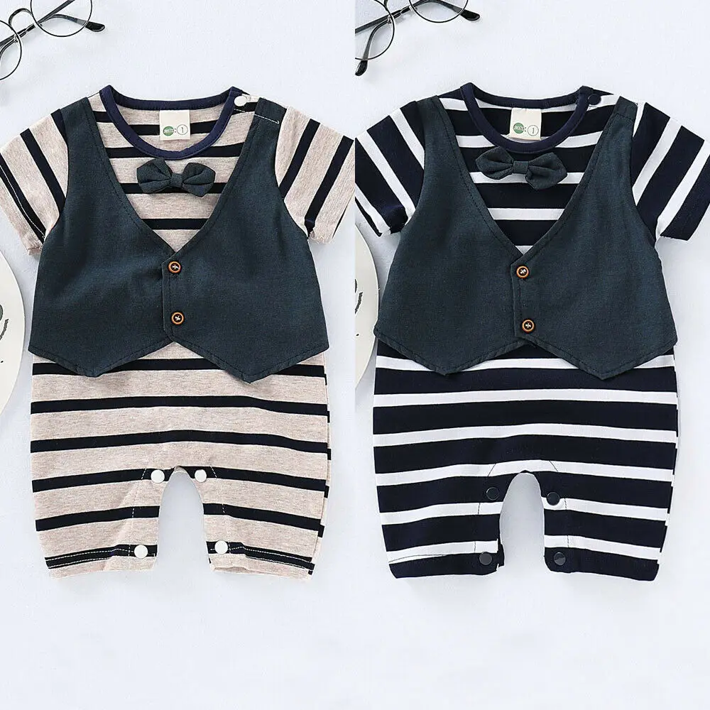 Emmababy Little Gentlemen Newborn Kids Baby Boy Costume Romper Short Sleeve Striped Bow Tie wedding Party Jumpsuit Playsuit |