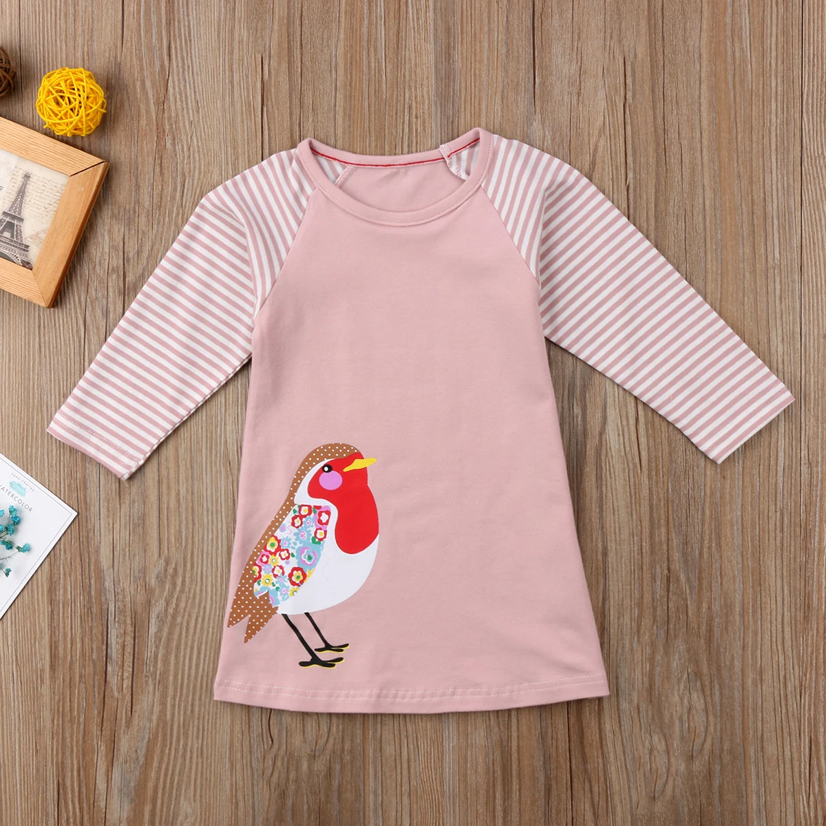 Kids Baby Girls Spring And Autumn Long Sleeve Cotton Clothes Bird Print Party Dress Fashion Pink Striped | Детская одежда и обувь