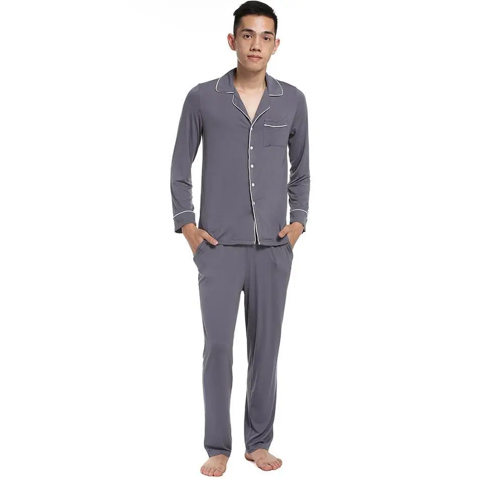 Мужские с длинным рукавом Твердые Turn Down Воротник Loose Pajama Set Nightwear полная длина
