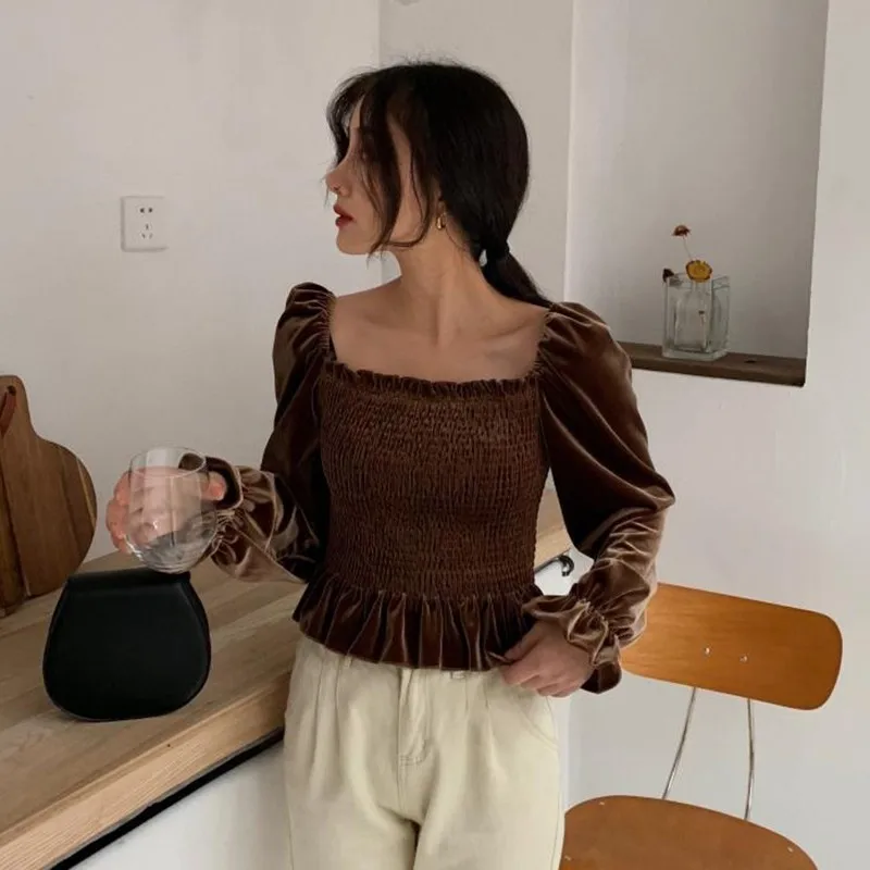 VGH Spring Sexy Lantern Sleeve Short Women Shirt Square Collar Backless Slim Hem 2019 Women's Shirts Fashion New Korean |