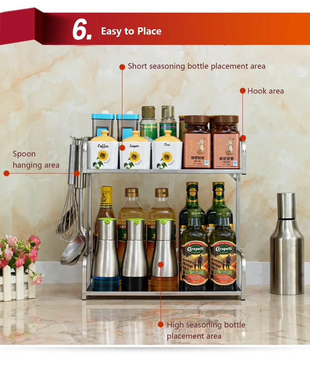 

Multi-Function Spice Storage Rack Hanging Hook 2-Tiers Kitchen Seasoning Shelf Floor Rack Household Bathroom Organizer Shelf