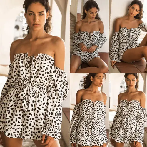 Новые женские с открытыми плечами длинным рукавом Leopard вечерние комбинезон топы |