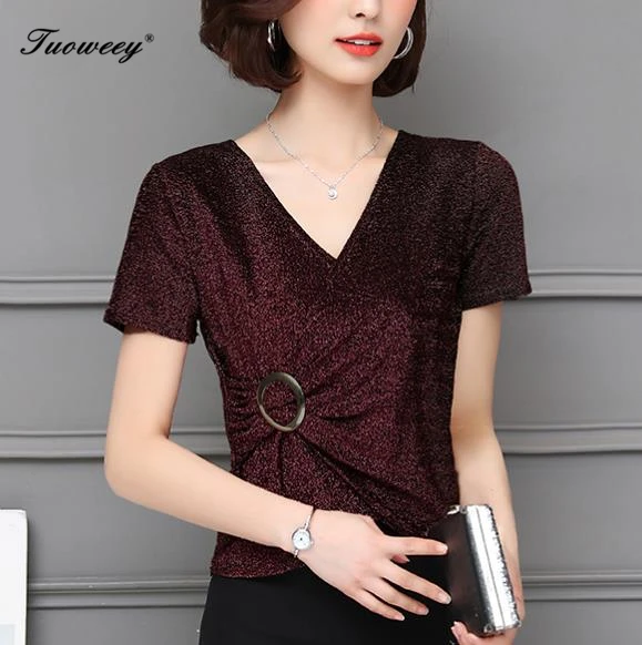 

Tunic OL solid Women's Shirt Women slim short v-neck Sleeve Blouse Summer Casual Tops Fashion sexy Shirt Feminina Plus Size 4XL