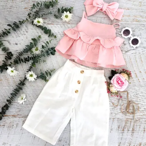 Summer Boutique Girls Clothes Children Kids Baby Ruffle Sling Tops Long Wide Leg Pants 3PCS Outfits Sunsuit Size 1-6Y | Детская одежда