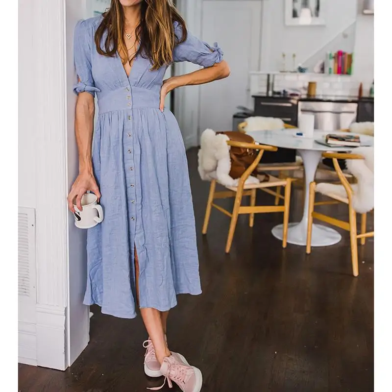 

Summer Dress For Women 2020 New Fashion Half Sleeve Shirt Dresses Causal Loose Female Solid Sexy Deep V Neck Vestidos SJ2581C