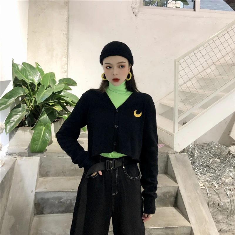 Модный женский однобортный Кардиган Harajuku с вышивкой Луны мягкий вязаный