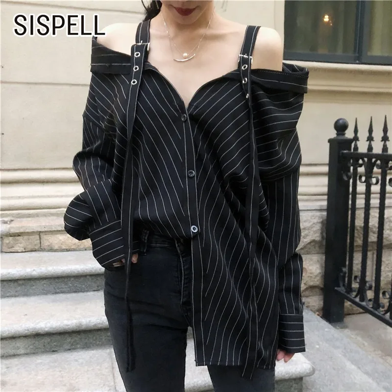 SISPELL/Весенняя женская рубашка сексуальный Полосатый ремень с вырезом открытыми