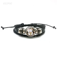 lovely fortune cat black leather bracelets diy glass cabochon lucky cat multi layered braided bracelets fashion jewelry