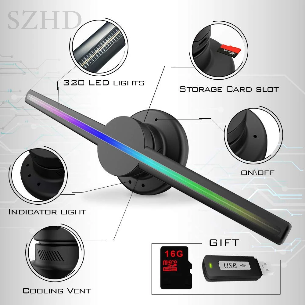 3D Hologram Advertising Display LED Fan Holographic Imaging Naked Eye Light Moving Head Holiday Decoration | Электроника
