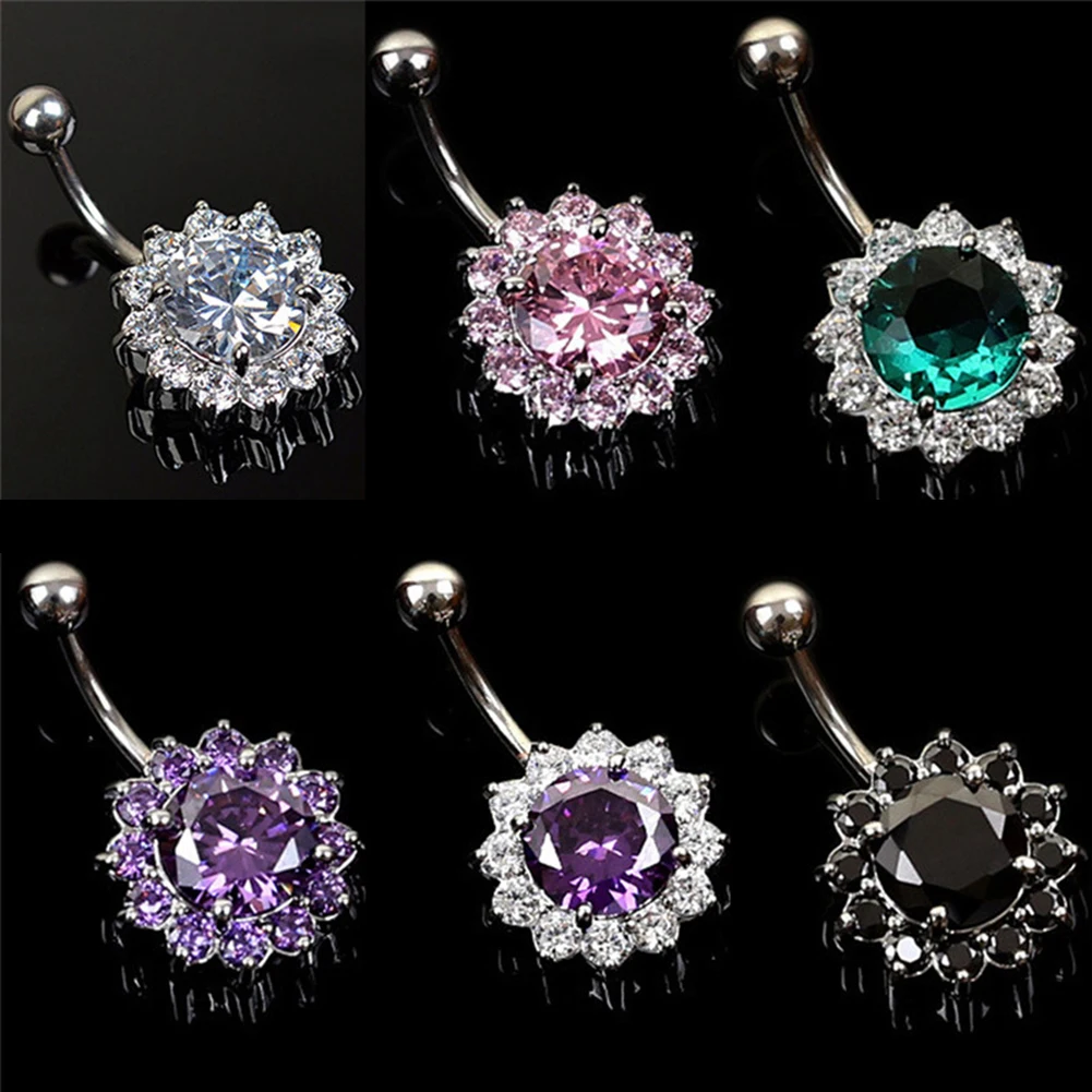 Нержавеющая сталь украшенное цветочными лепестками пупок кольца с украшением в