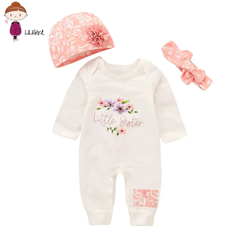 

LILIGIRL Newborn Clothes Spring Autumn Infant Baby Girls Boys Letter Print Romper Jumpsuit Animal Headband Outfits Set