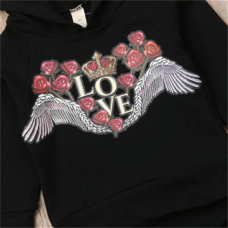 LOVE Autumn Long Sleeve Black Hooded Tops Pants Boy Clothing Cotton Cute Outfits 2PCs Toddler Newborn Baby Boys Clothes Set |