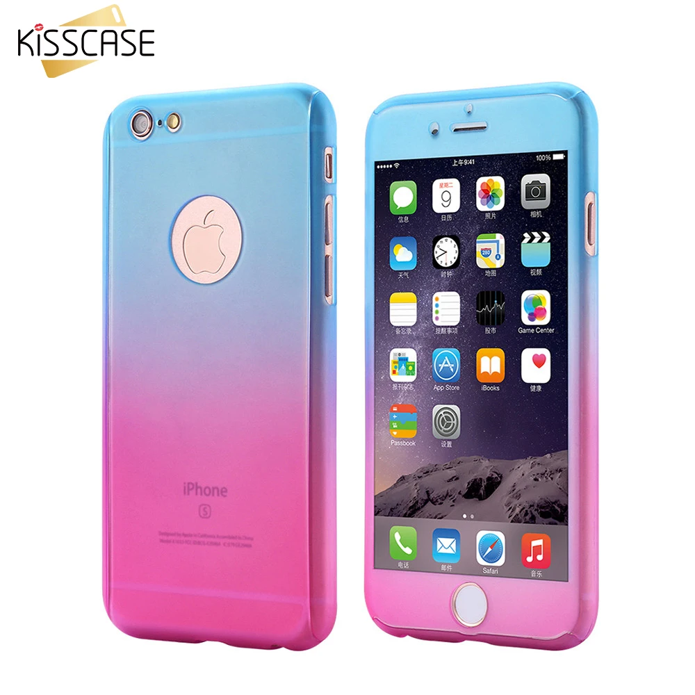 KISSCASE Colorful Gradient Case For iPhone 6 6s 7 Plus 360 Cover Front Hard Fundas Tempered Glass Capa |