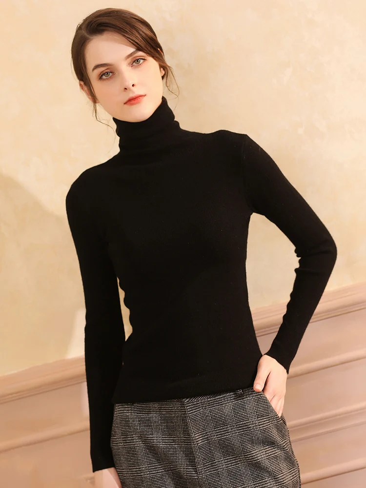 Женский пуловер с высоким воротником базовый утепленный кашемировый свитер из