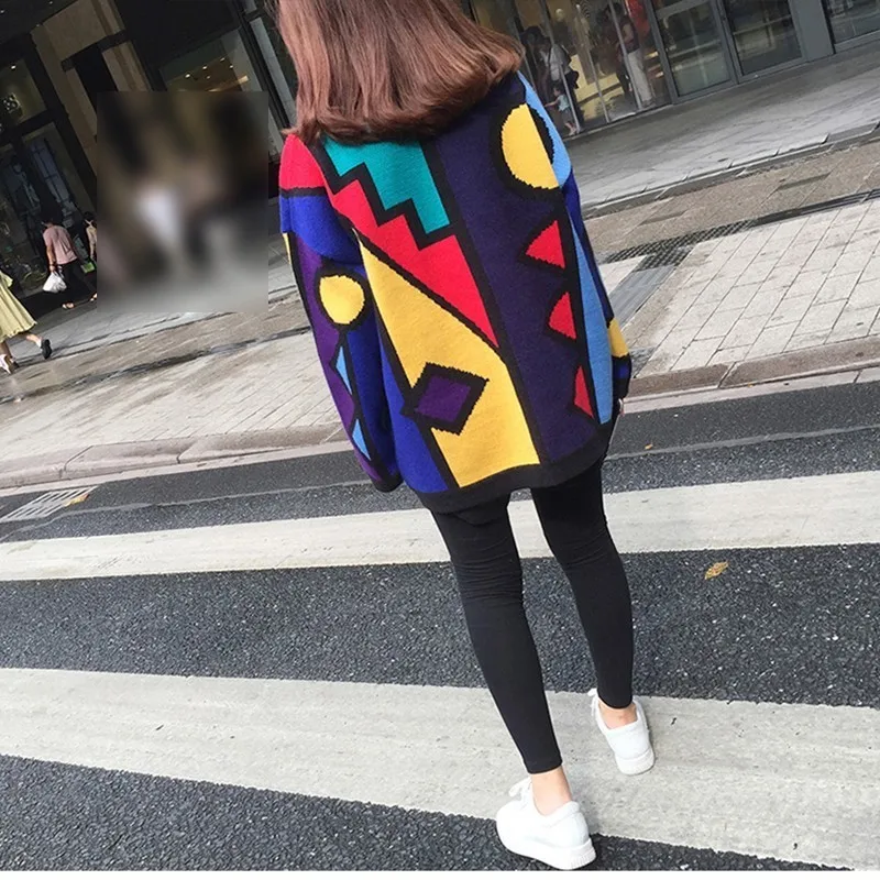 Twojstyle 2018 Autumn Winter Women Sleeve Knitwear Fashion Able Color Geometric Long Sleeved Round Collar Loose Knitted Sweater | Женская