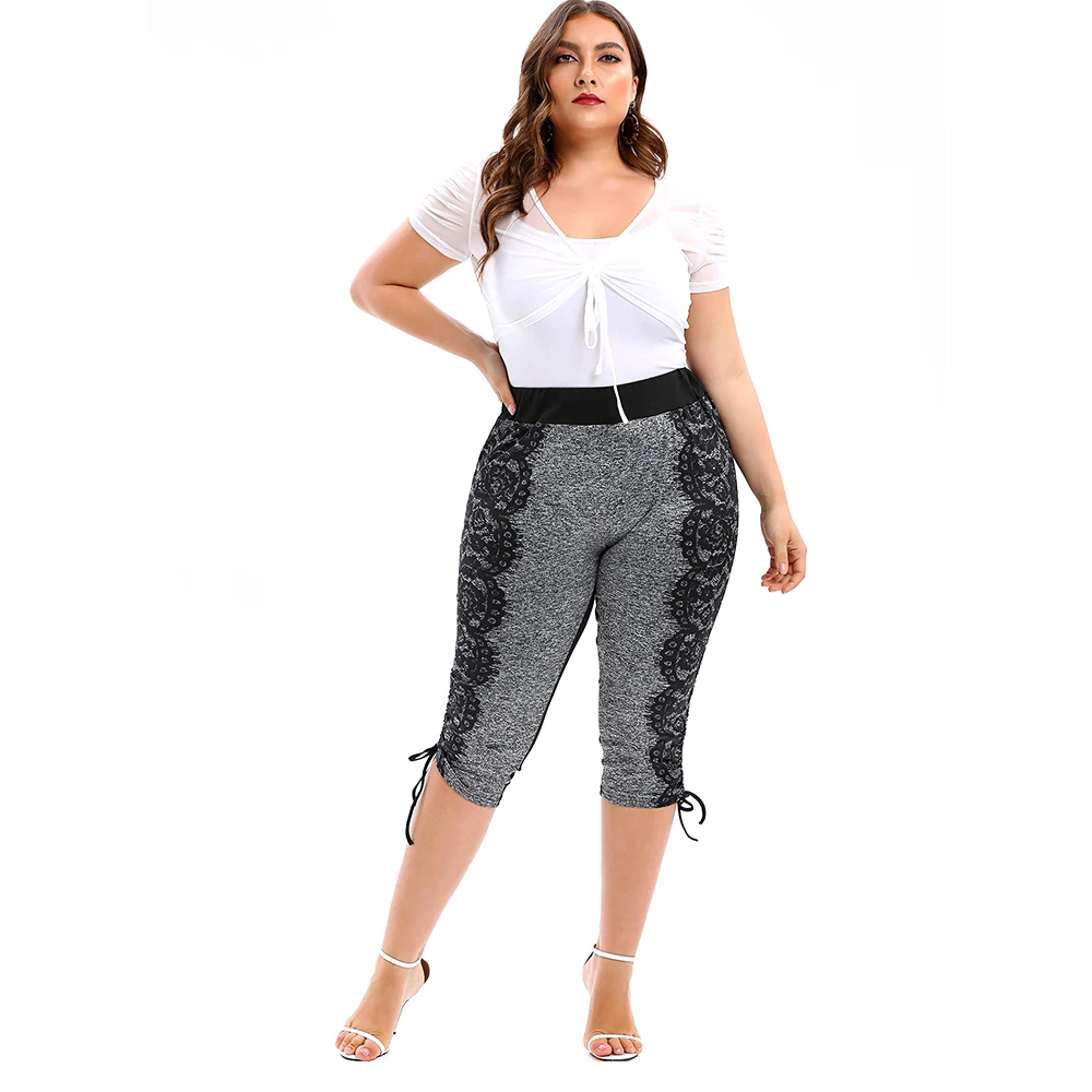 Плюс Размер Леггинсы 3D Кружева Печати Drawstring Капри Эластичный Высокой Талией