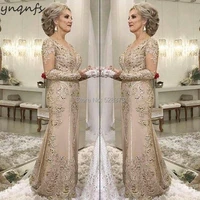 ynqnfs m07 lace appliques long sleeves mermaid vestidos formal dress women elegant 2020 mother of the bride dresses champagne