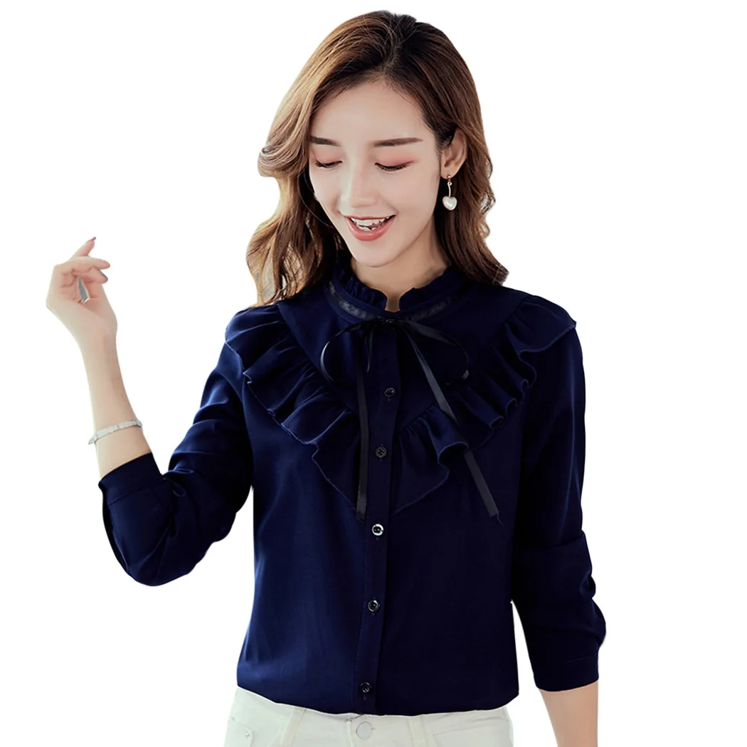 Женская шифоновая блузка с длинным рукавом белая офисная рубашка оборками в