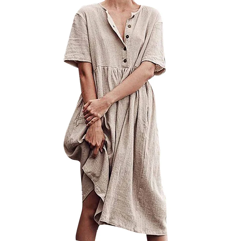 Женское летнее платье с коротким рукавом из хлопка и льна на пуговицах плюс