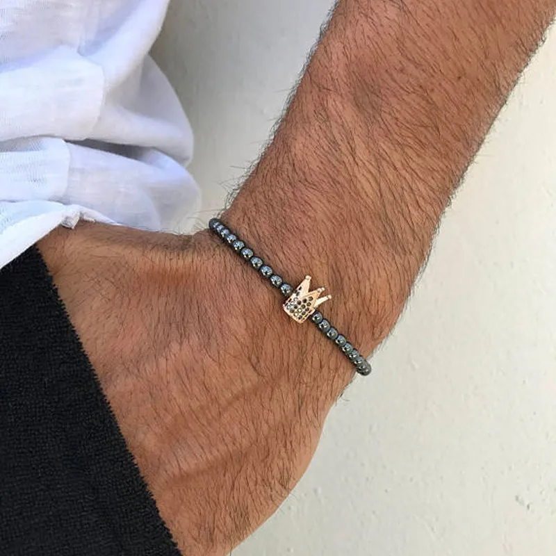 

Crown Charm Men bracelet with hematite beads unique black crown zircons Diy Bracelets Pulseira Masculina Feminina Jewelry Gift