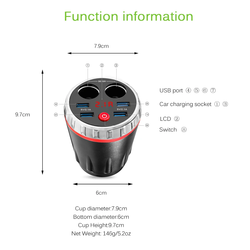Powstro автомобильное зарядное устройство в виде чашки 4 USB Порты и разъёмы 5V 2.1A