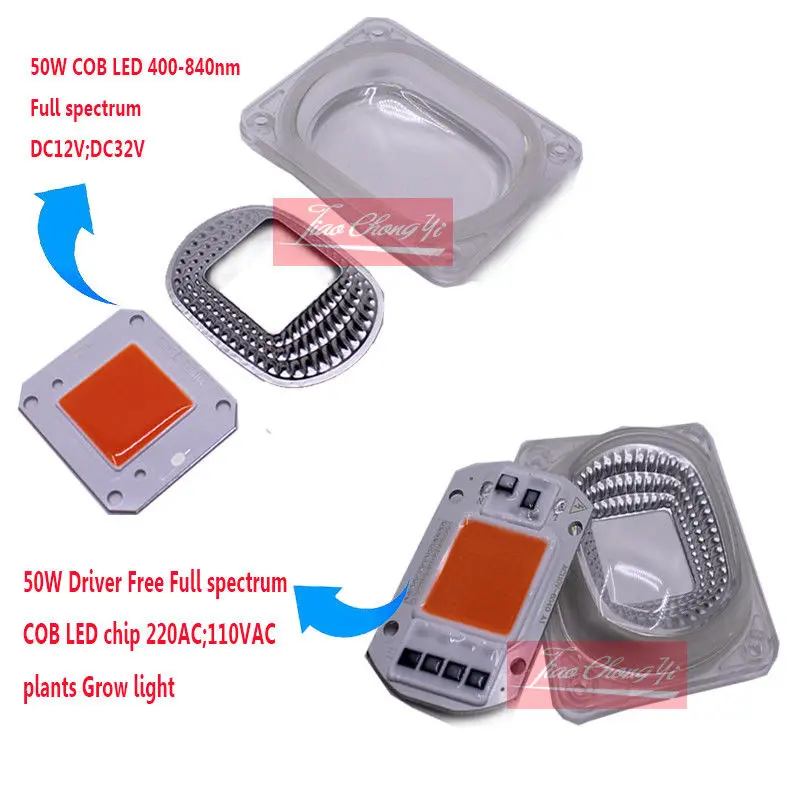 Светодиодный чип полного спектра для выращивания, 50 Вт, 380-840nm, DC 12 В, 32 В, 110 В, 220 В перем. Тока + 50 Вт, объектив 12 В, 46x40 мм, 110 В, 60x40 мм