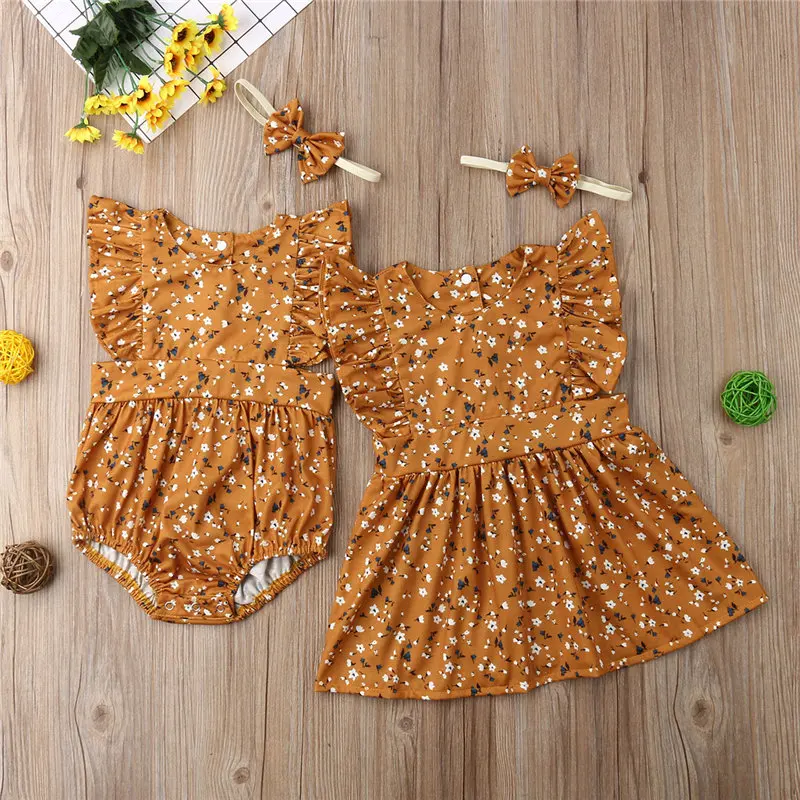 

Sister Matching Outfit Baby Girl Bodysuit Toddler Kid Dress Fly Sleeve Floral Party Princess Clothes Newborn Infant Headband