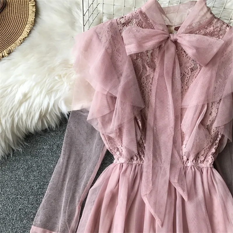 Осеннее прозрачное кружевное платье для вечеринок Vestidos Mujer с бантом на воротнике