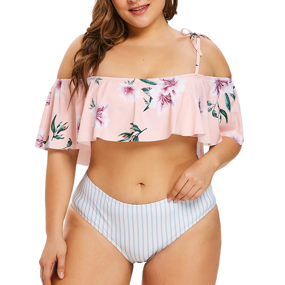 Женский купальник Wipalo с завязками на плечах в полоску цветком большие размеры 5XL |