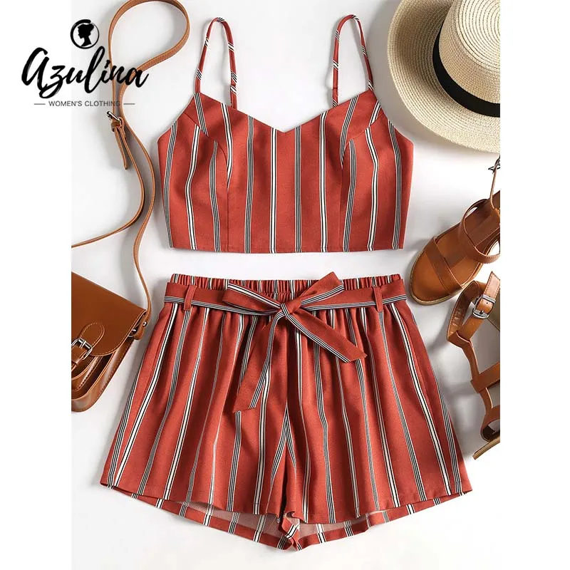 ZAFUL Полосатые шорты с поясом Cami Set Summer Two Piece Повседневные ремни спагетти Crop Top