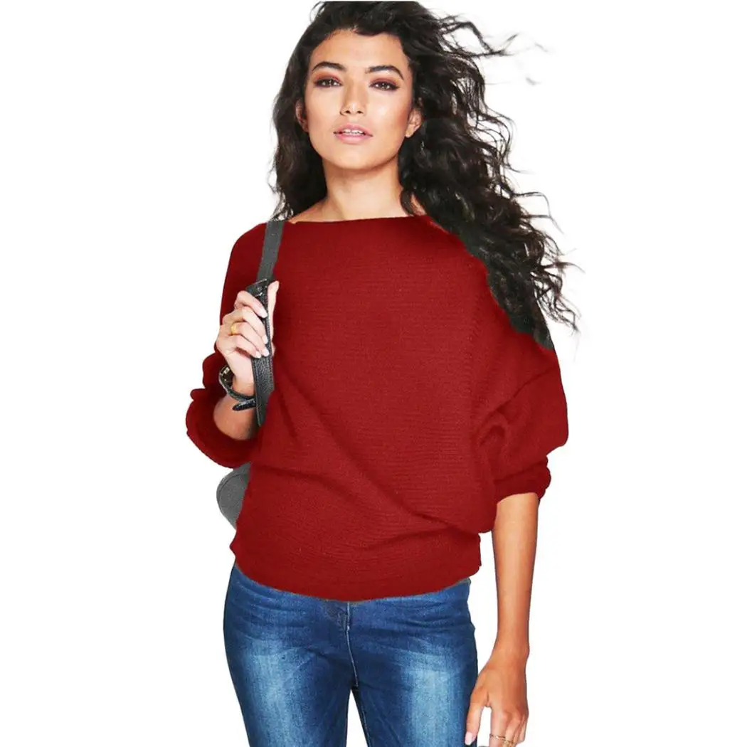 Новый Модный женский Повседневный пуловер с рукавами летучая мышь однотонный