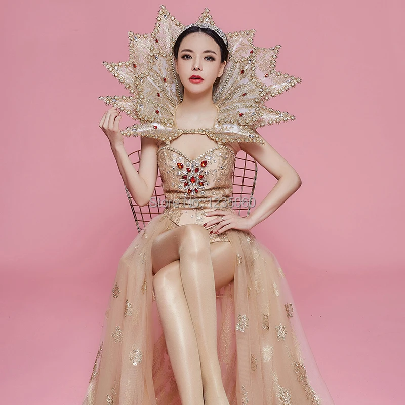 Блестящий Королевский костюм с золотым принтом стразы хвостом для бара клуба