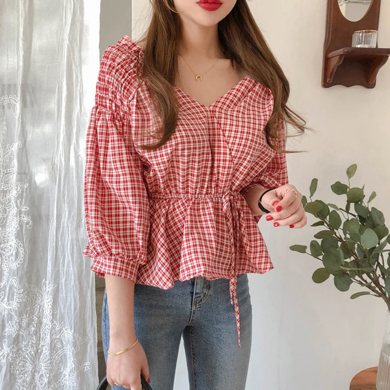 Женские рубашки в клетку с v-образным вырезом Little приталенная Блузка Shirt 2322 |