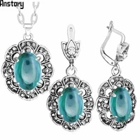 transparent blue crystal necklace earrings jewelry set rhinestone antique silver plated fashion jewelry for women ts406