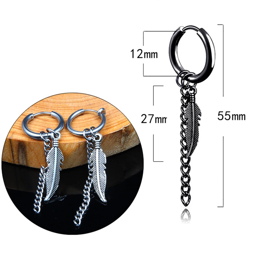 

Hot Men Women Earring Stainless Steel Dangle Feather Ear Stud Hoop Charms Jewelry Earring Punk Pierced Hiphop/Rock Acc