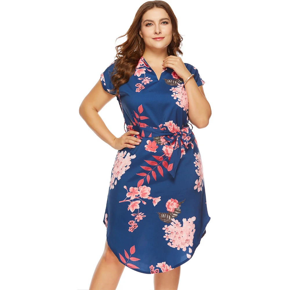 Женское платье с цветочным принтом V образным вырезом и коротким рукавом|Женские