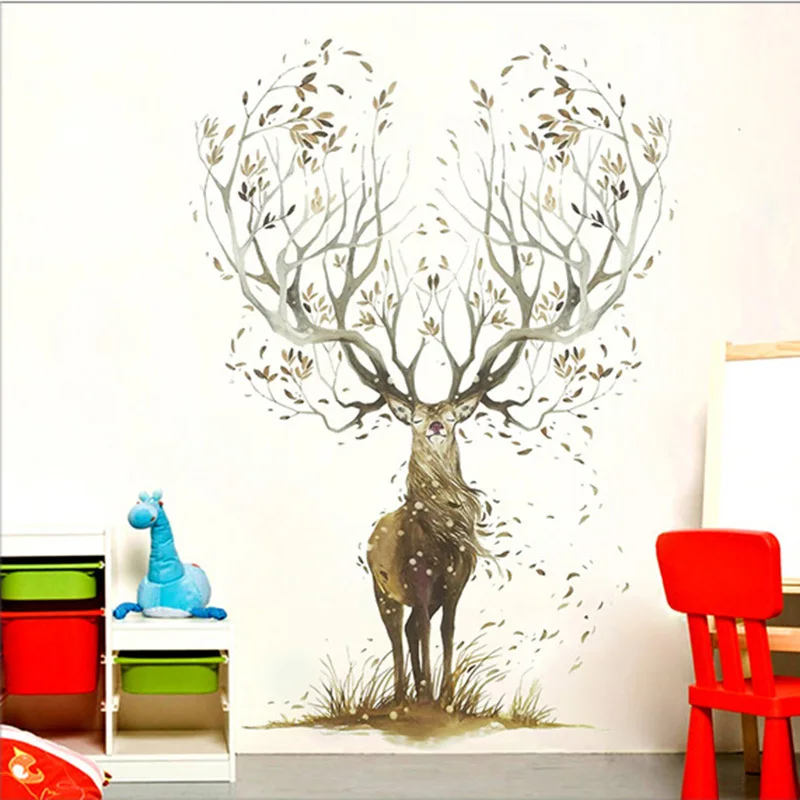 Creative Elk Wall Stickers Living Room Bedroom Wallpaper Poster Art Large Tree Elk's Horn Grass Graphic Decoration Decals | Дом и сад