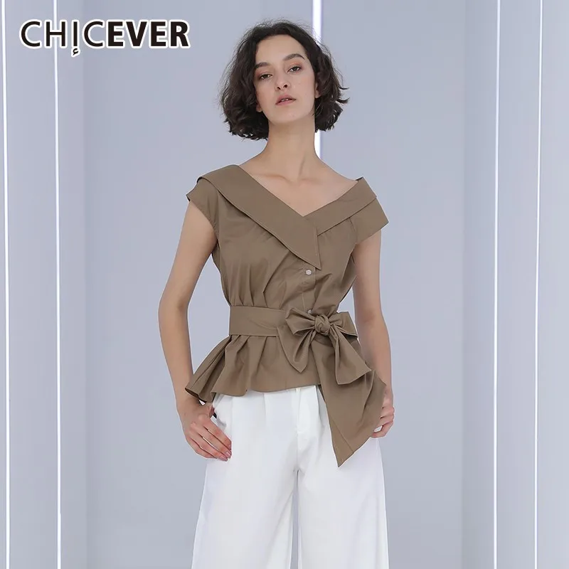 Женская блузка с открытыми плечами CHICEVER без рукавов бантиком летние свободные к