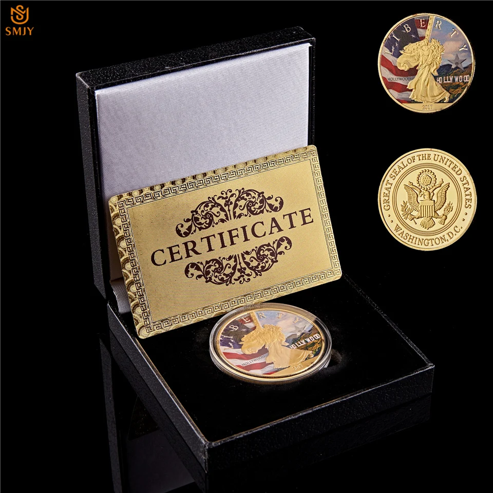 

USA Hollywood Movie Famous Landmark America Statue Of Liberty Gold Plated Metal Challenge Souvenir Value CoinW/Luxury Gift Box
