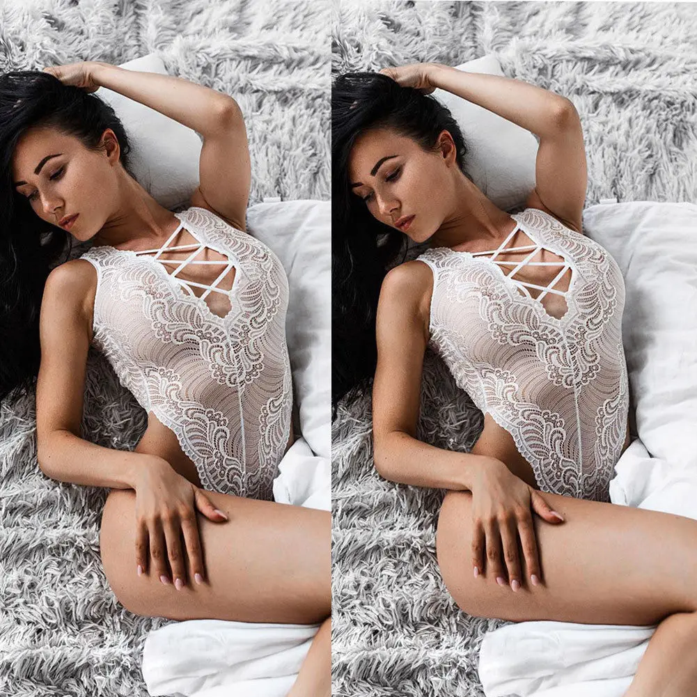

Women Sexy Lace Babydoll Sleepwear Nightwear Solid Hollow Out Women Sleep Clothing Femma Bodysuit Backkless White Jumpsuits