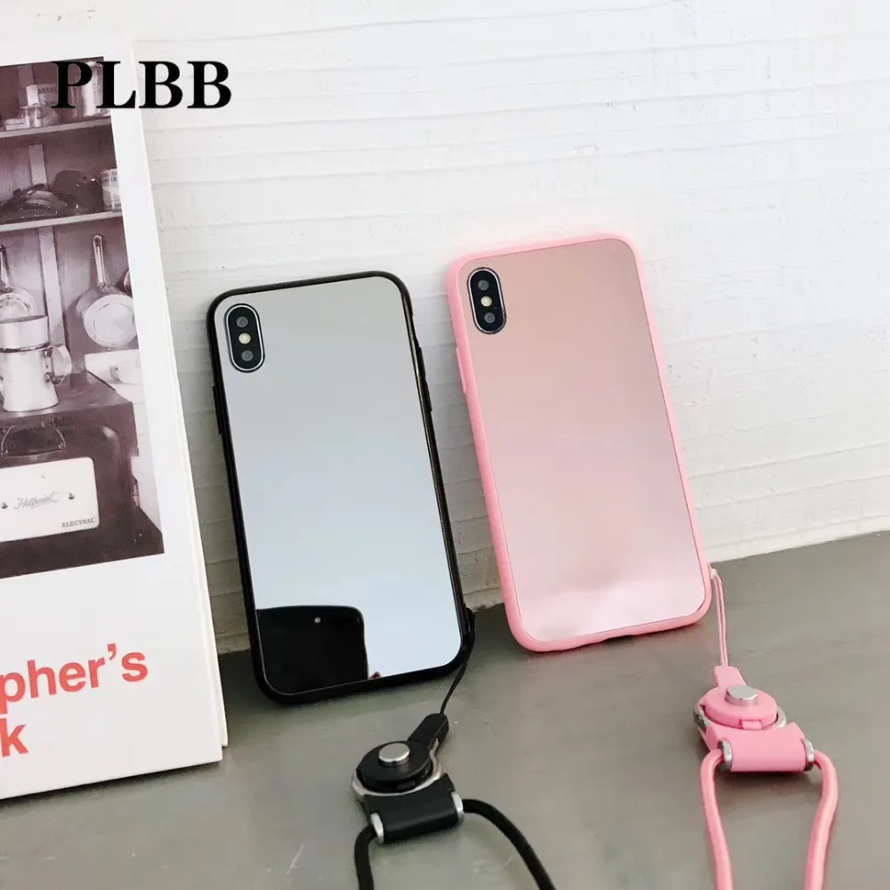 PLBB Luxury Acrylic Mirror Lover Heart Geometric Soft TPU Phone Coque Cover Case for iPhone X Xs Max XR 6 6S 7 8 Plus + Landyard | Мобильные