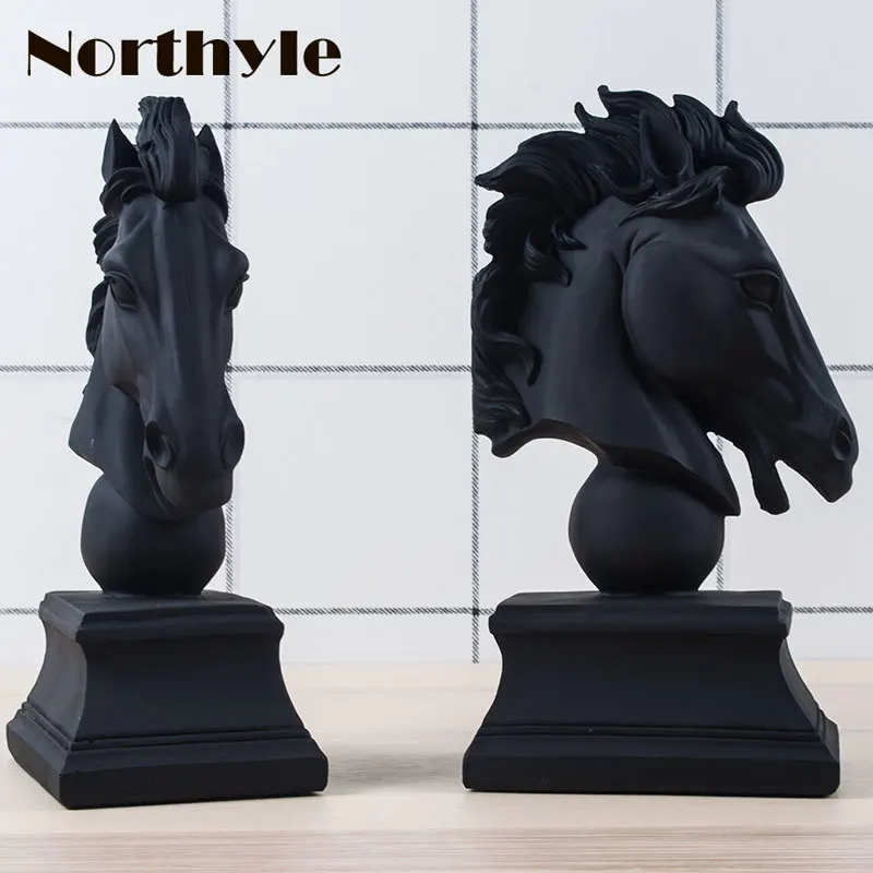 Unique black horse head statue resin figurine for home decoration craft feng shui xmas decor gift men | Дом и сад