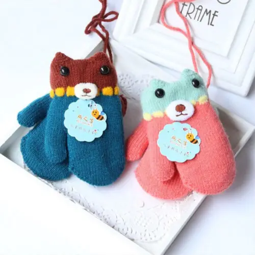 2018 Winter Warm Child Kids Baby Girl Boy Thick Fur Knit Gloves Neck String Mittens Lovely Cartoon Animal | Детская одежда и обувь