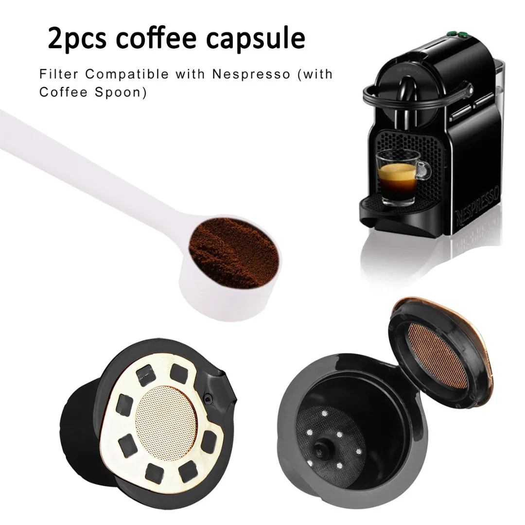 

JX-LCLYL 2pcs New Refillable Reusable Capsule Coffee Filters Set with Spoon For Nespresso