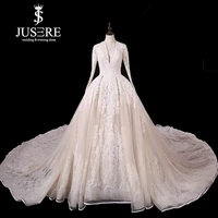 jusere vestido de noiva ivory wedding dress deep v neck long sleeve lace embroidery beaded chapel train bridal gowns