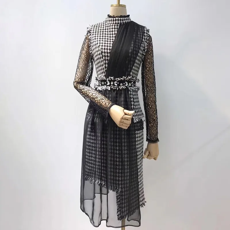 TWOTWINSTYLE Винтаж нерегулярные платье в клетку для женщин с длинным рукавом Высокая