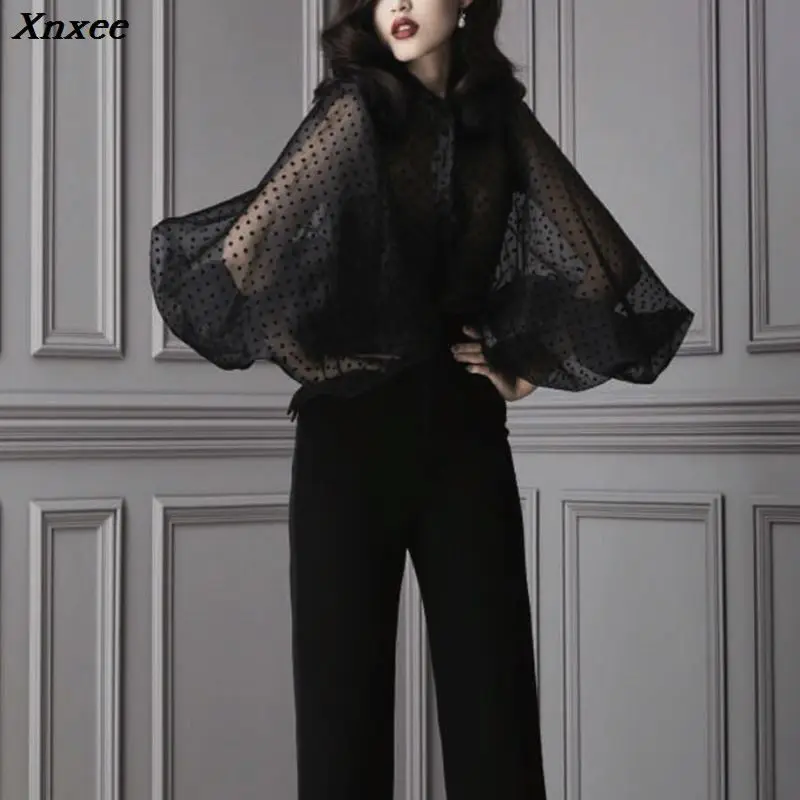 

Xnxee Vintage Polka Dot Puff Sleeve Single Breasted Cardigan Blouse Women Tops Plus Size Shirts Korean Fashion Clothing Xnxee